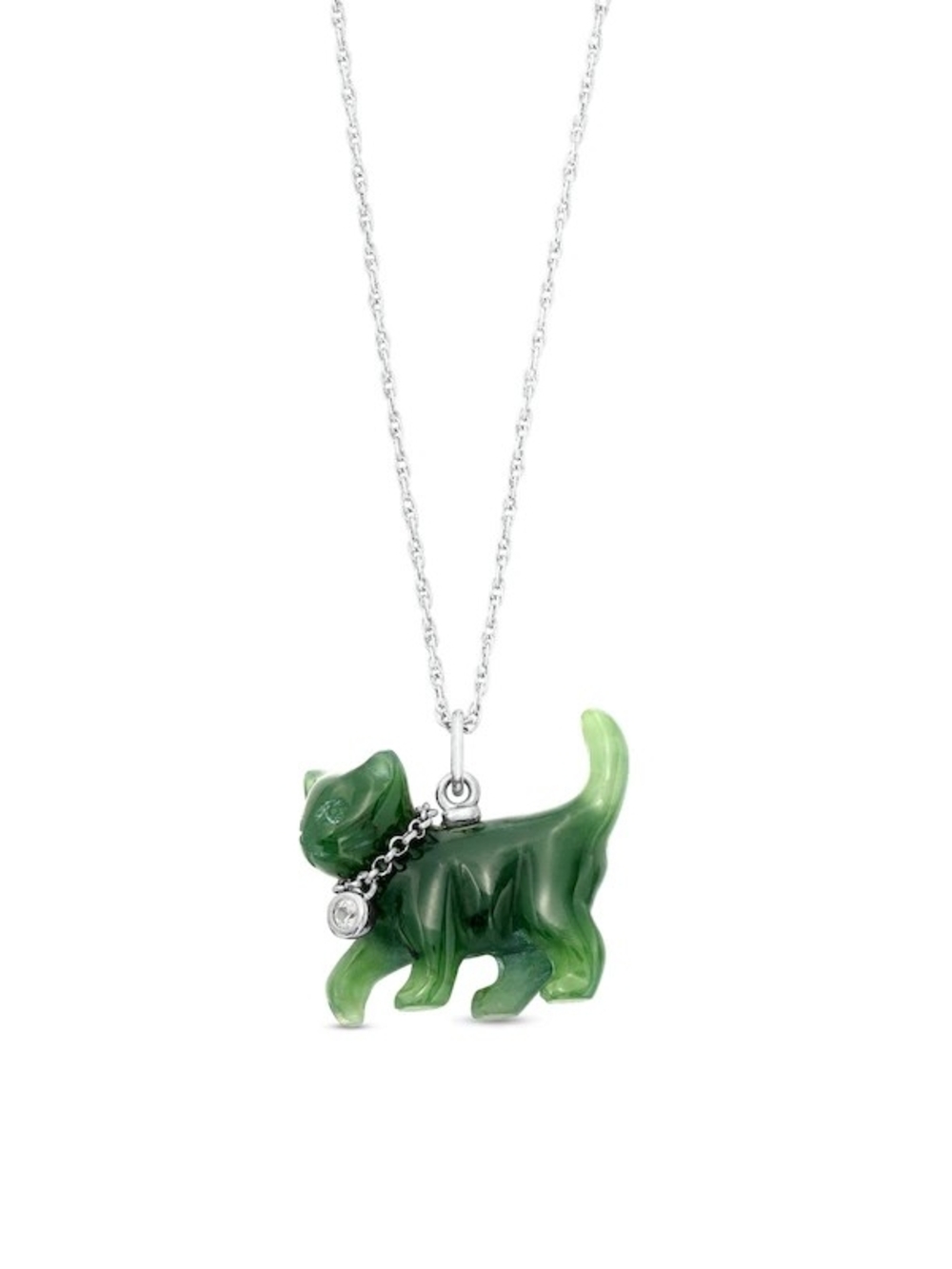 Genuine Nephrite Jade and Created White Sapphire Cat Pendant in 925 Sterling